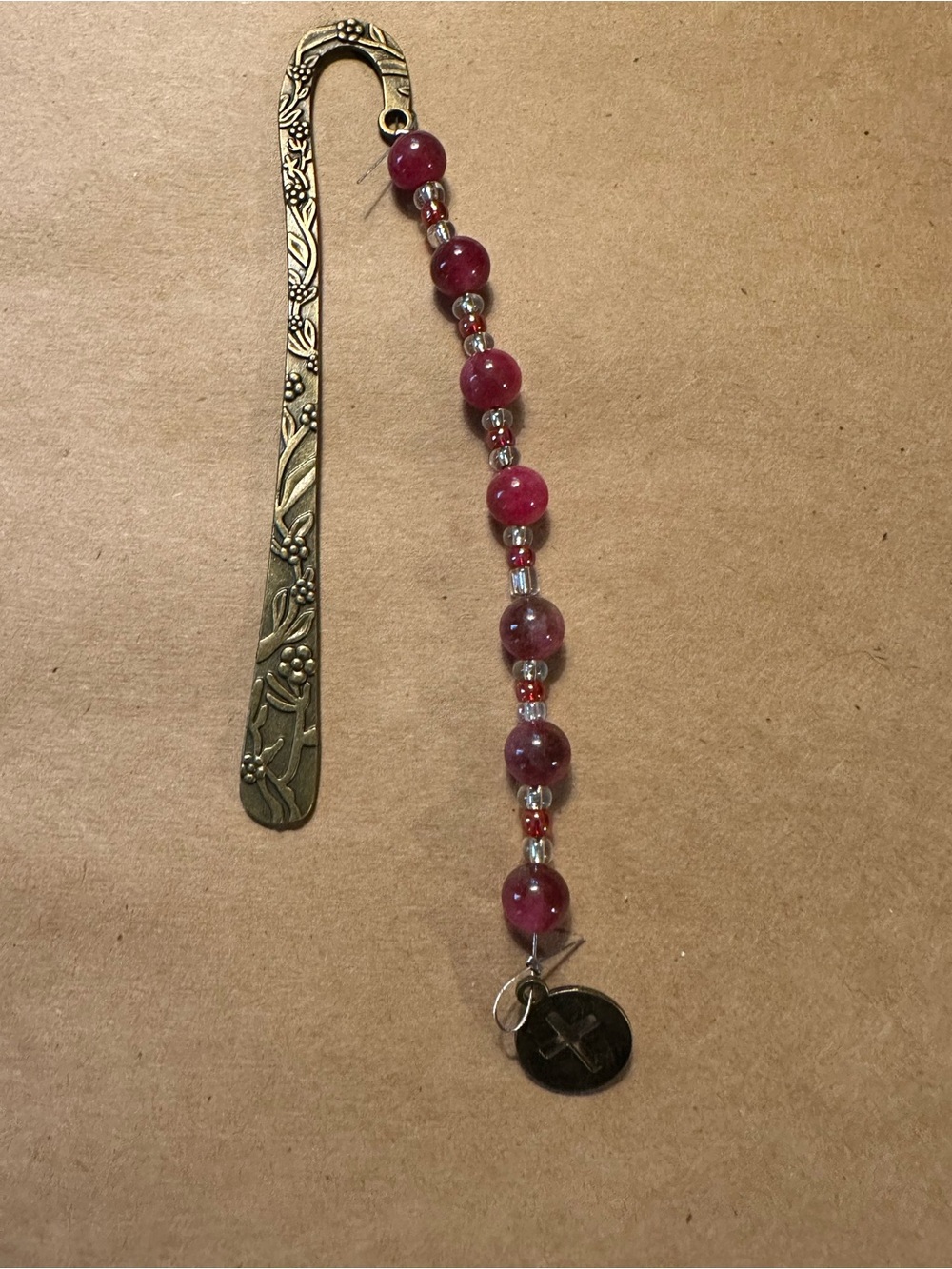 Handmade Pink Beaded Bookmark with Cross Charm